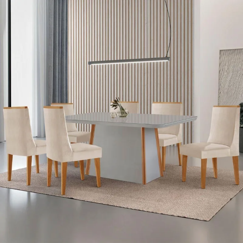Mesa De Jantar Diane 180cm Tampo Mdf Vidro 6 Cadeiras Lisboa Moderna Veludo Creme Off White Serigrafia - Moderna