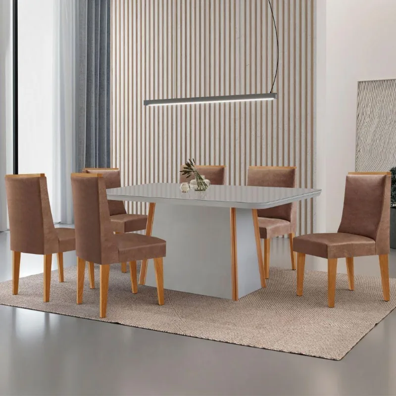 Mesa De Jantar Diane 180cm Tampo Mdf Vidro 6 Cadeiras Lisboa Moderna Tork Serigrafia Off White - Moderna