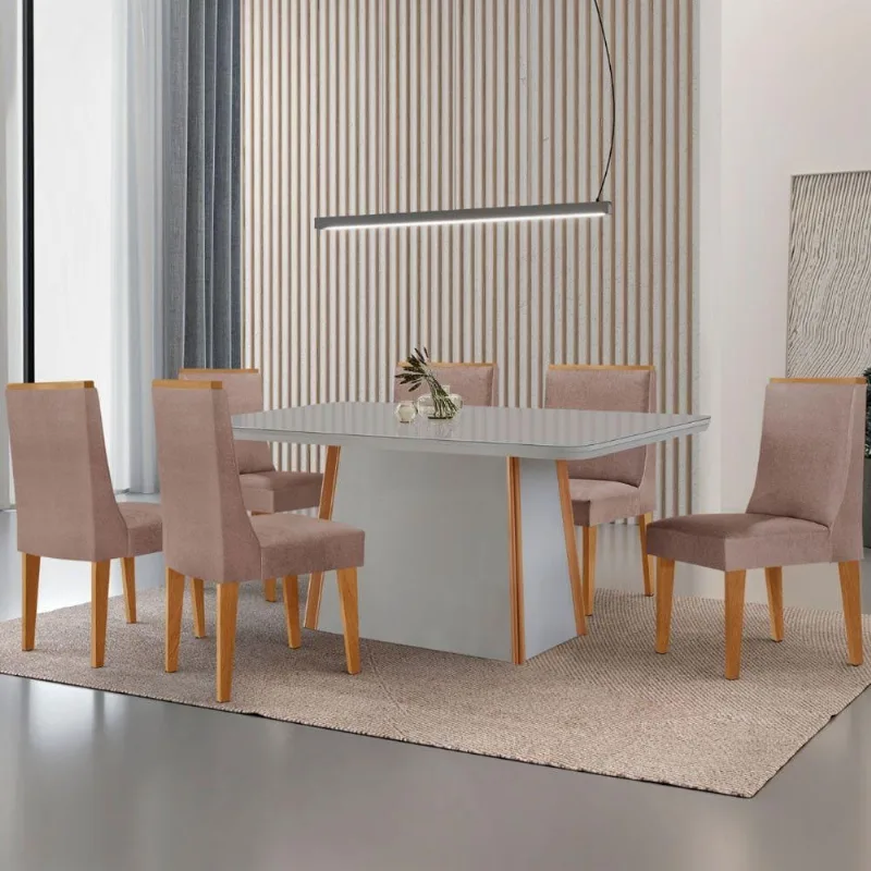 Mesa De Jantar Diane 180cm Tampo Mdf Vidro 6 Cadeiras Lisboa Moderna Linho Capuccino Off White Serigrafia - Moderna