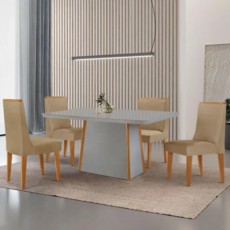 Mesa De Jantar Diane 120cm Tampo Mdf Vidro 4 Cadeiras Lisboa Moderna Turim 07 Serigrafia Off White