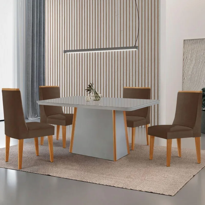 Mesa De Jantar Diane 120cm Tampo Mdf Vidro 4 Cadeiras Lisboa Moderna Veludo Marrom Off White Serigrafia - Moderna