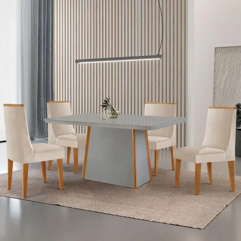 Mesa De Jantar Diane 120cm Tampo Mdf Vidro 4 Cadeiras Lisboa Moderna Veludo Creme Off White Serigrafia - Moderna