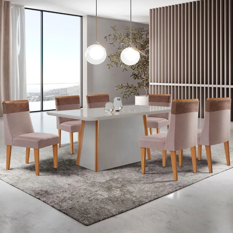 Mesa De Jantar Diane 180cm Tampo Mdf Vidro 6 Cadeiras Andes Moderna Linho Capuccino Tork Off White Serigrafia - Moderna