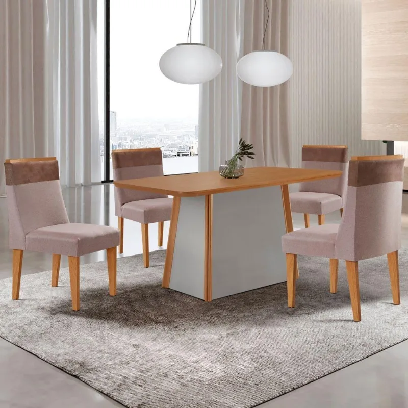 Mesa De Jantar Diane 120cm Tampo Mdf Lam 4 Cadeiras Andes Moderna Linho Capuccino Tork Off White - Moderna