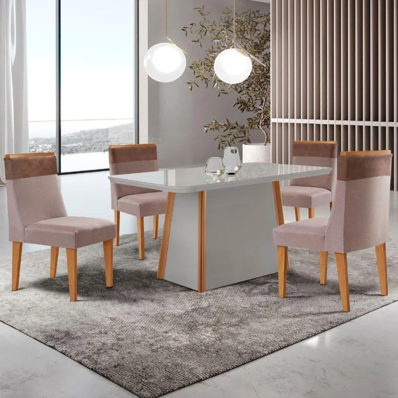 Mesa De Jantar Diane 120cm Tampo Mdf Vidro 4 Cadeiras Andes Moderna Linho Capuccino Tork Off Serigrafia - Moderna