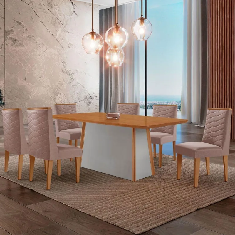 Mesa De Jantar Diane 180cm Tampo Mdf Lam 6 Cadeiras Safira Moderna Linho Capuccino Naturale OffWhite - Moderna