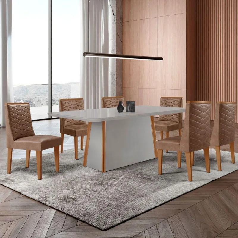 Mesa De Jantar Diane 180cm Tampo Mdf Vidro 6 Cadeiras Safira Moderna Tork Serigrafia Off White - Moderna
