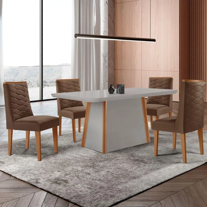 Mesa De Jantar Diane 120cm Tampo Mdf Vidro 4 Cadeiras Safira Moderna Veludo Marrom Off White Serigrafia Com Vidro - Moderna