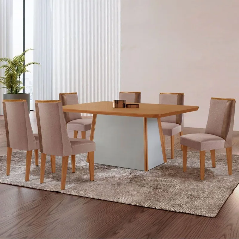 Mesa De Jantar Diane 180cm Tampo Mdf Lam 6 Cadeiras Diane Moderna Linho Capuccino Tork Off White - Moderna