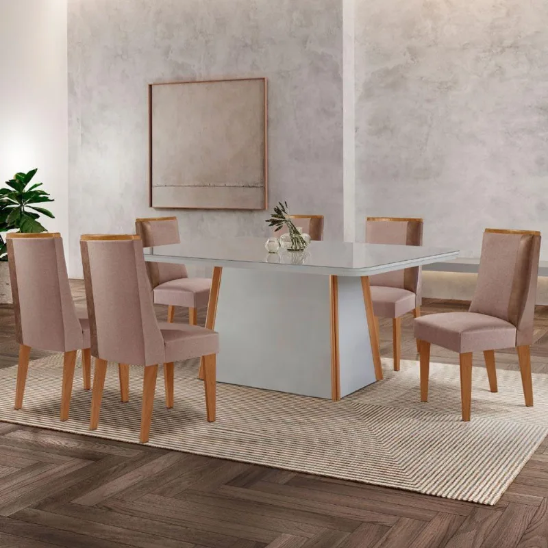 Mesa De Jantar Diane 180cm Tampo Mdf Vidro 6 Cadeiras Diane Moderna Linho Capuccino Tork Off White Serigrafia - Moderna
