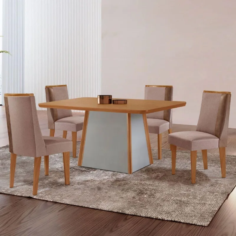 Mesa De Jantar Diane 120cm Tampo Mdf Lam 4 Cadeiras Diane Moderna Linho Capuccino Tork Off White - Moderna