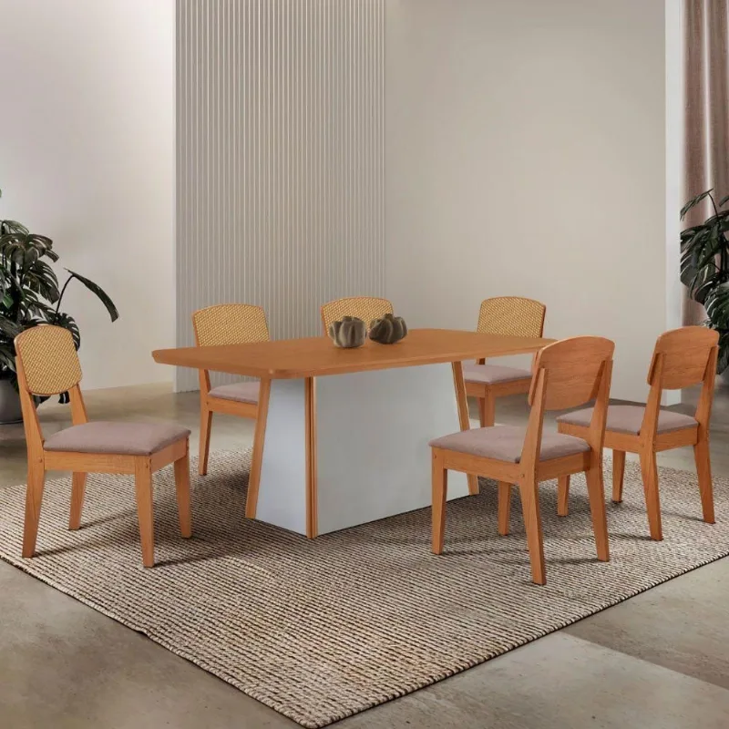 Mesa Jantar Diane 180cm Tampo Mdf Lam 6 Cadeiras Copper Prem Moderna Linho Capuccino Off White - Moderna