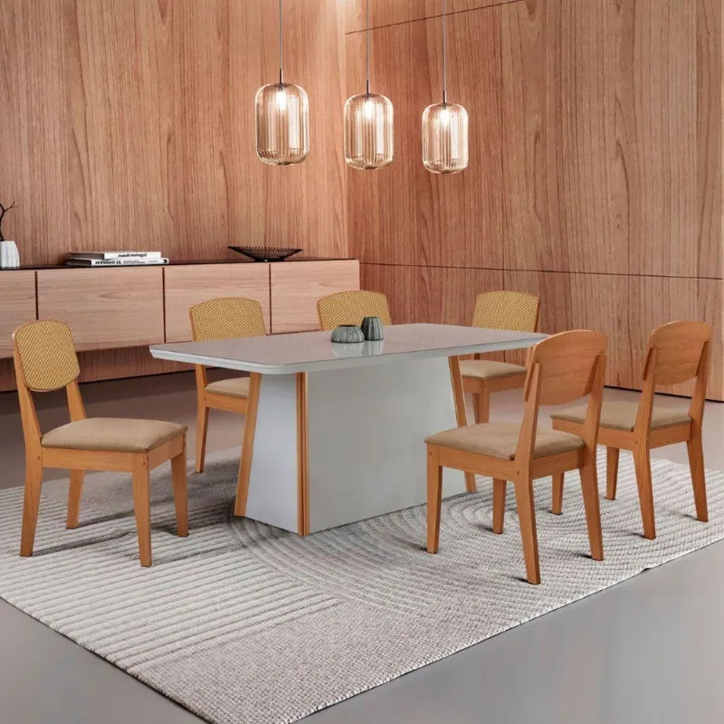 Mesa Jantar Diane 180cm Tampo Mdf Vidro 6 Cadeiras Copper Prem Moderna Turim 07 Serigrafia Off White - Moderna