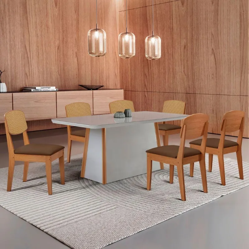 Mesa Jantar Diane 180cm Tampo Mdf Vidro 6 Cadeiras Copper Prem Moderna Veludo Marrom Off White Serigrafia - Moderna