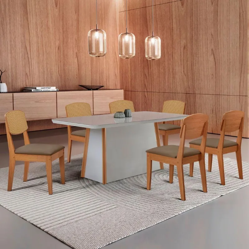 Mesa Jantar Diane 180cm Tampo Mdf Vidro 6 Cadeiras Copper Prem Moderna Veludo Capuccino Off White Serigrafia - Moderna