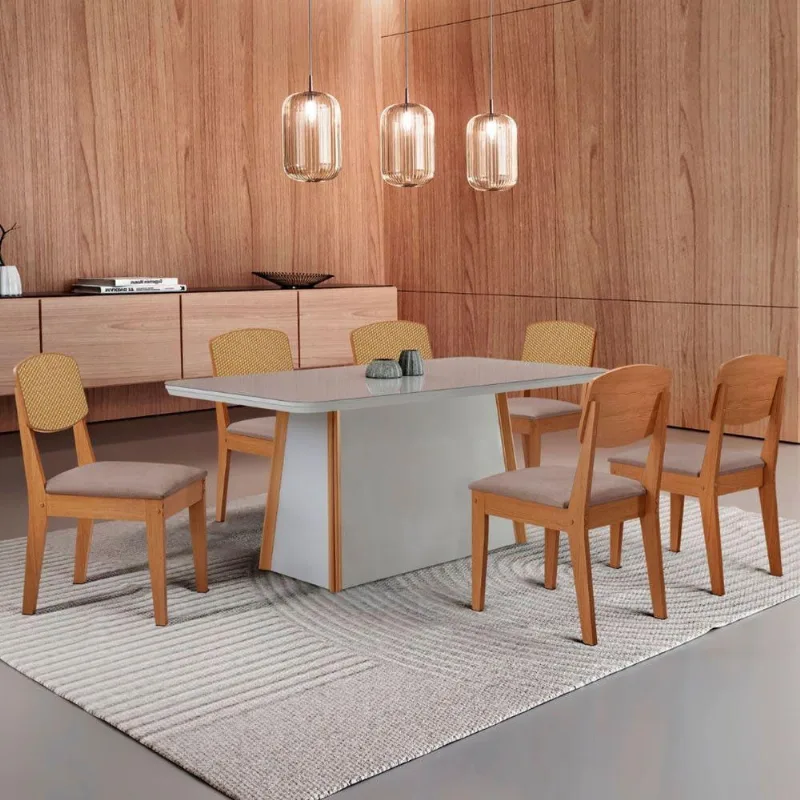 Mesa Jantar Diane 180cm Tampo Mdf Vidro 6 Cadeiras Copper Prem Moderna Linho Capuccino Off White Serigrafia - Moderna