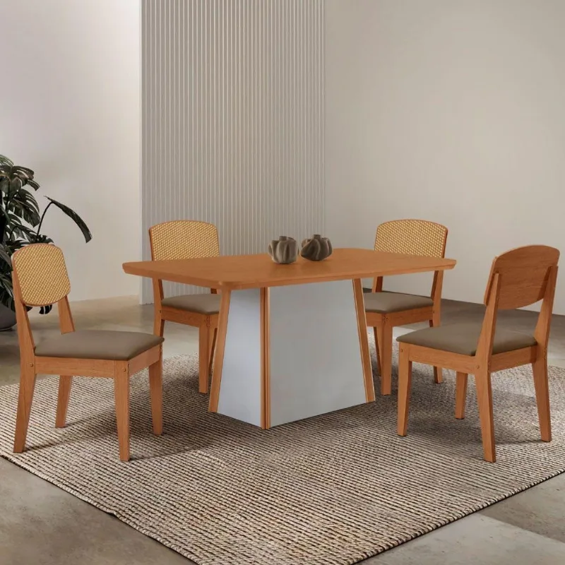 Mesa Jantar Diane 120cm Tampo Mdf Lam 4 Cadeiras Copper Pre Moderna Veludo Capuccino Off White - Moderna