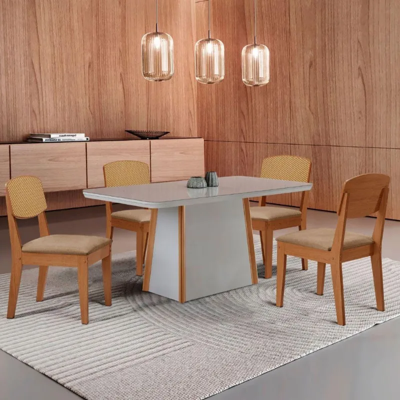 Mesa Jantar Diane 120cm Tampo Mdf Vidro 4 Cadeiras Copper Prem Moderna Turim 07 Serigrafia Off White - Moderna