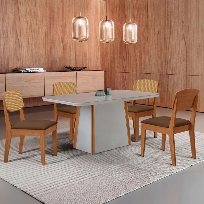 Mesa Jantar Diane 120cm Tampo Mdf Vidro 4 Cadeiras Copper Prem Moderna Veludo Marrom Off White Serigrafia - Moderna