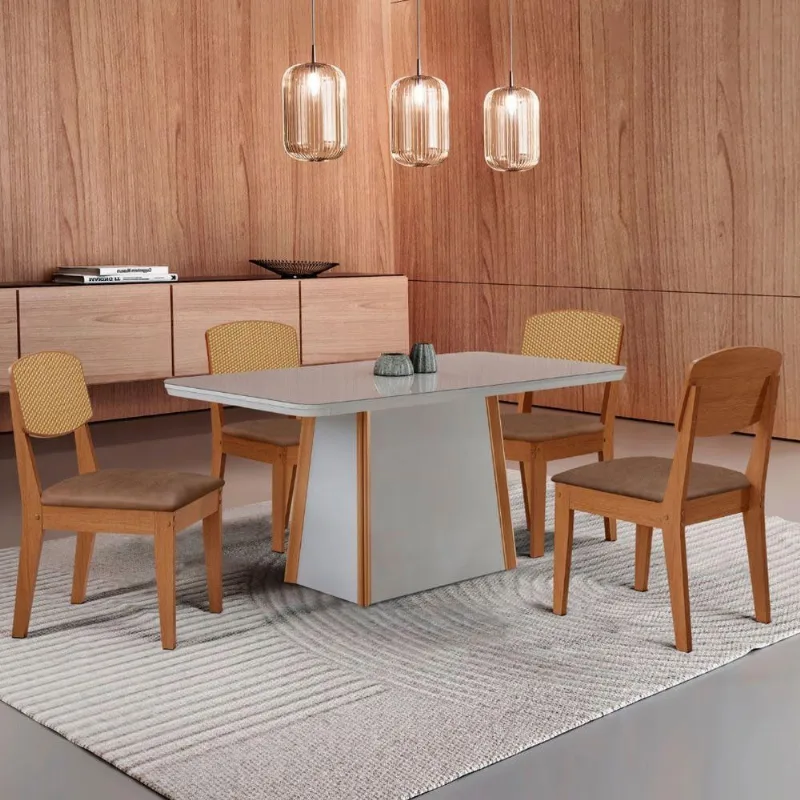 Mesa Jantar Diane 120cm Tampo Mdf Vidro 4 Cadeiras Copper Prem Moderna Tork Serigrafia Off White - Moderna