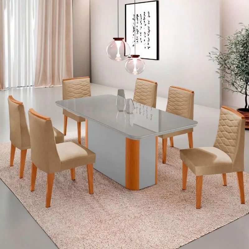 Mesa De Jantar Isadora 180cm Tampo Mdf Vidro - 6 Cadeiras - Moderna