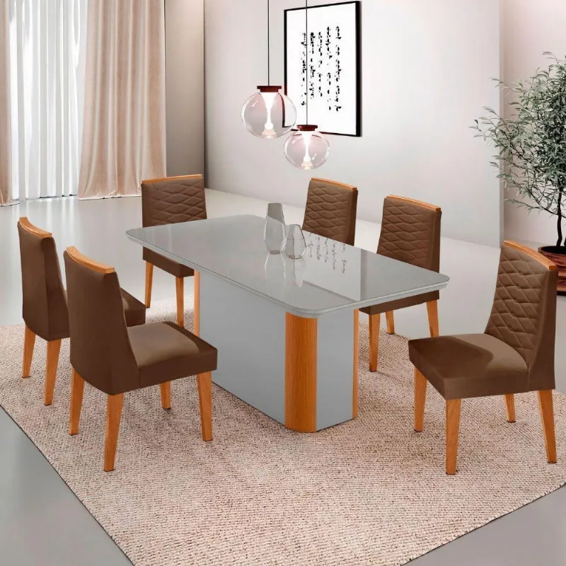 Mesa De Jantar Isadora 180cm Tampo Mdf Vidro Com 6 Cadeiras Veludo Marrom Serigrafia Off White - Moderna