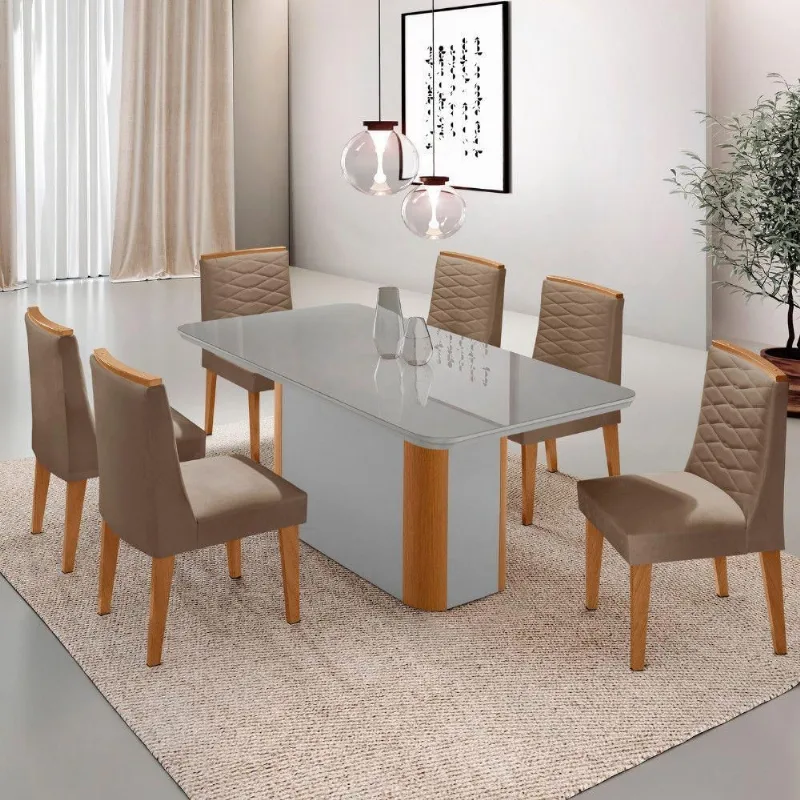 Mesa De Jantar Isadora 180cm Tampo Mdf Vidro Com 6 Cadeiras Veludo Capuccino Off White Serigrafia - Moderna