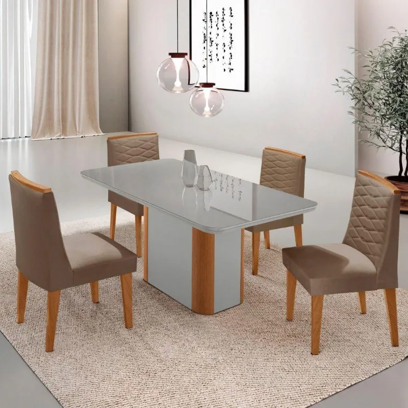 Mesa De Jantar Isadora 120cm Tampo Mdf Vidro Com 4 Cadeiras Veludo Capuccino Off White Naturale Serigrafia - Moderna