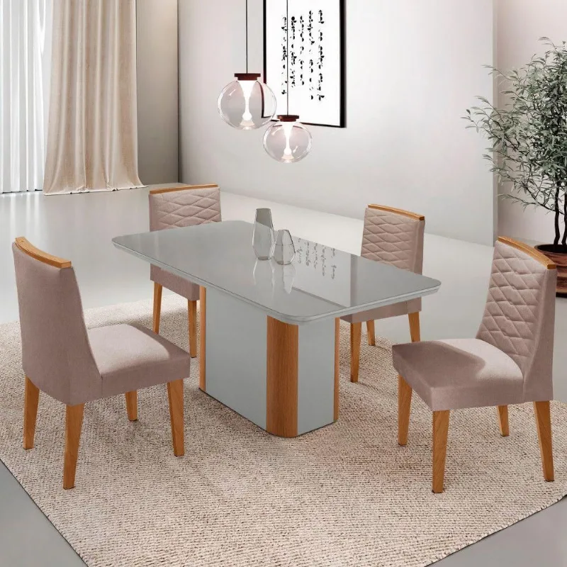 Mesa De Jantar Isadora 120cm Tampo Mdf Vidro Com 4 Cadeiras Linho Capuccino Off White Serigrafia - Moderna