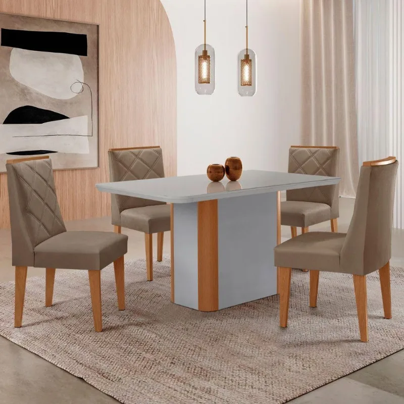 Mesa De Jantar Isadora 120cm Tampo Mdf Vidro Com 4 Cadeiras Veludo Capuccino Off White Serigrafia - Moderna