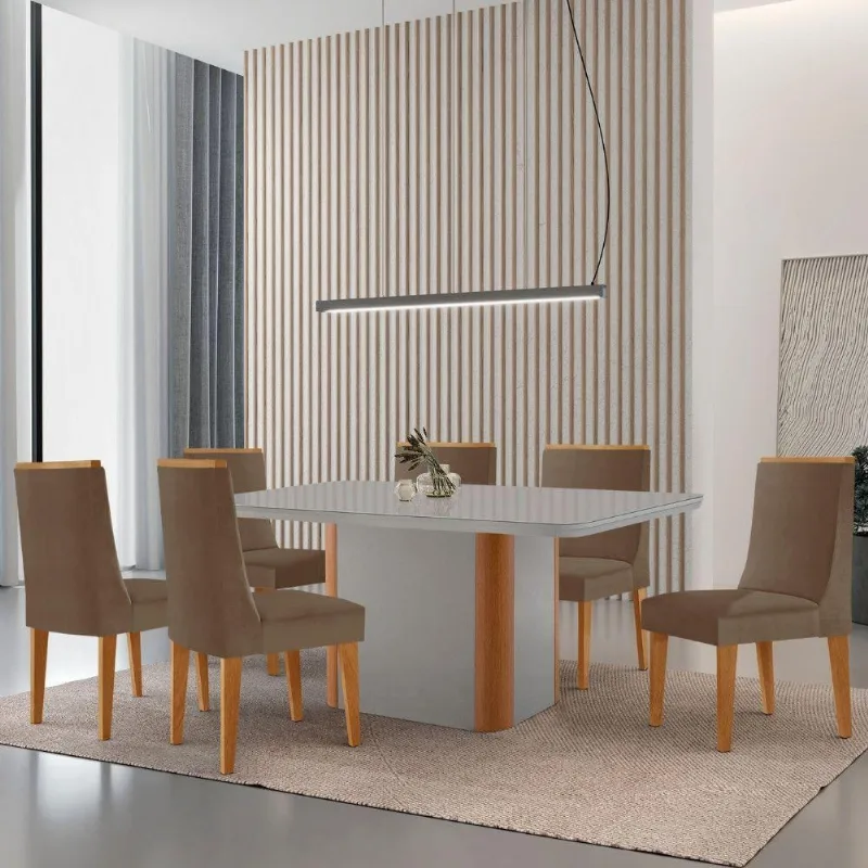 Mesa De Jantar Isadora 180cm Tampo Mdf Vidro Com 6 Cadeiras Veludo Capuccino Off White Serigrafia - Moderna