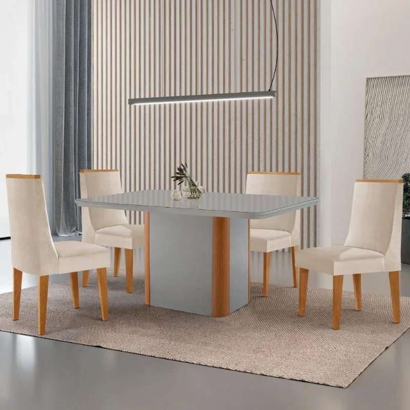 Mesa De Jantar Isadora 4 Cadeiras Veludo Creme Off White. - Moderna
