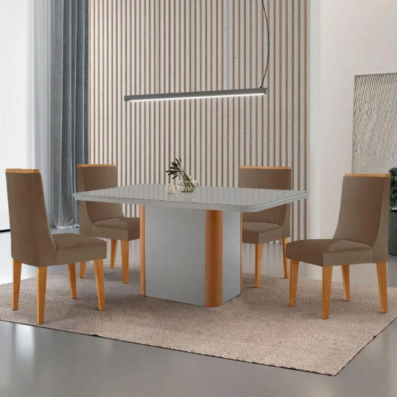 Mesa De Jantar Isadora 120cm Tampo Mdf Vidro Com 4 Cadeiras Veludo Capuccino Off White Serigrafia - Moderna