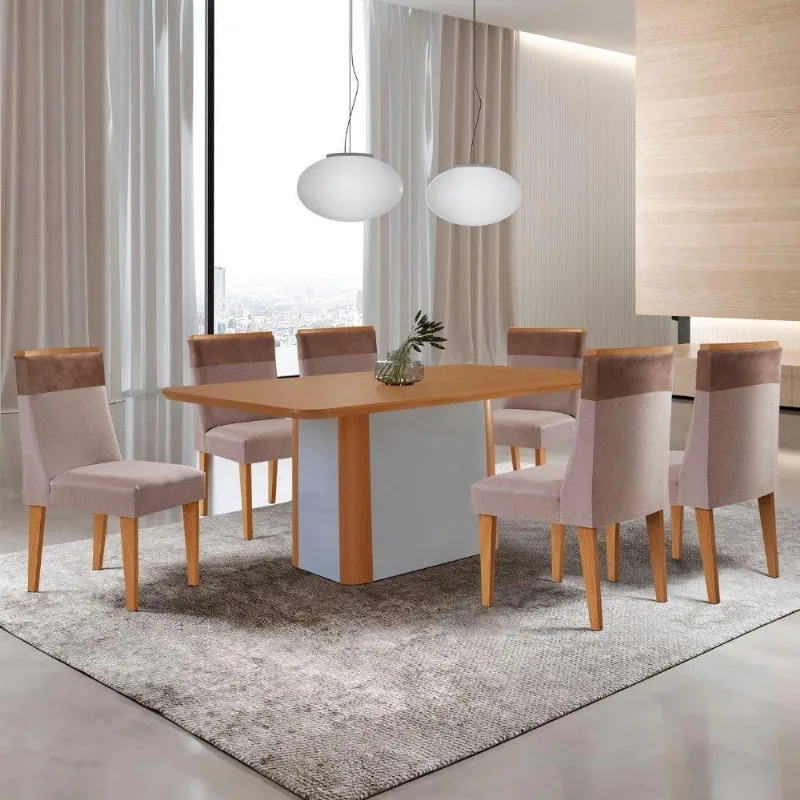 Mesa De Jantar Isadora 180cm Tampo Mdf Laminado 6 Cadeiras Andes Linho Capuccino Tork Off White - Moderna