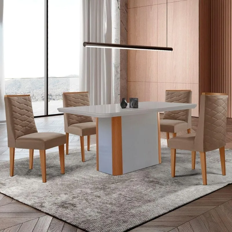 Mesa De Jantar Isadora 120cm Tampo Mdf Com Vidro Veludo Capuccino Off Serigrafia