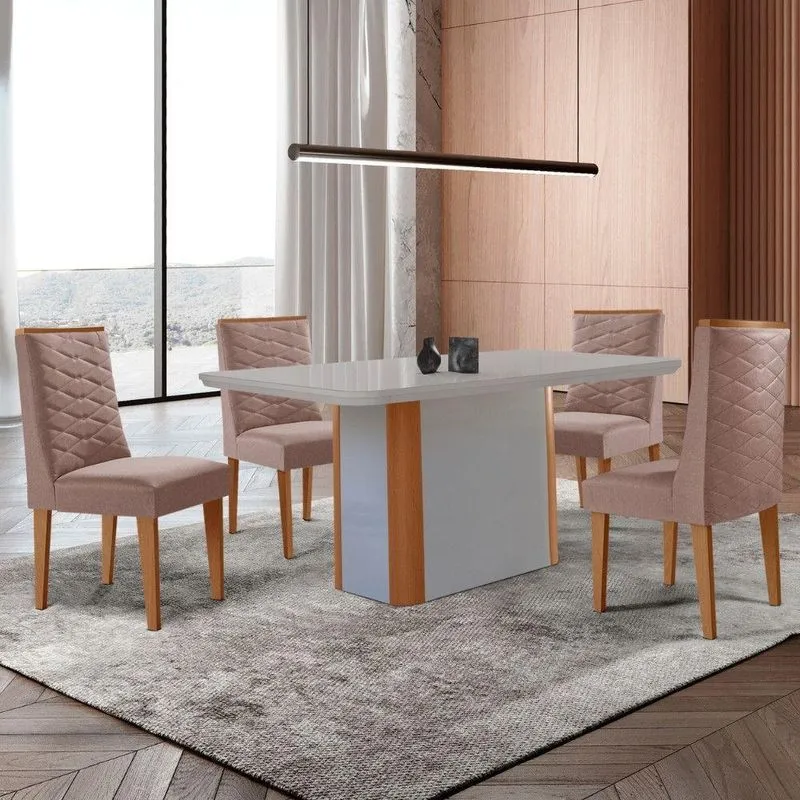 Mesa De Jantar Isadora 120cm Tampo Mdf Com Vidro Linho Capuccino Tork Off Serigrafia