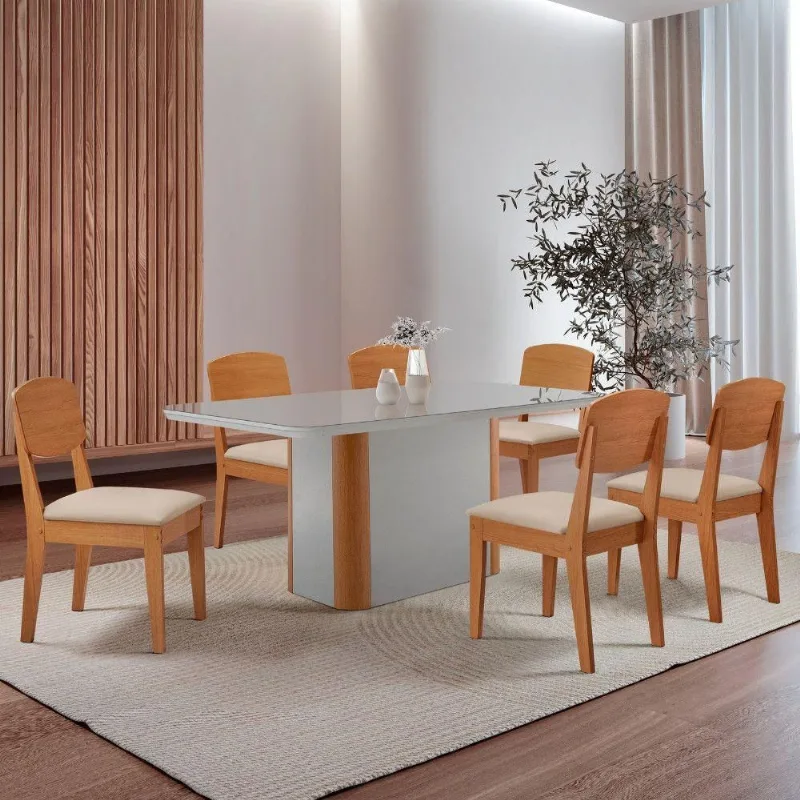 Mesa De Jantar Isadora 6 Cadeiras Veludo Creme Off White - Moderna
