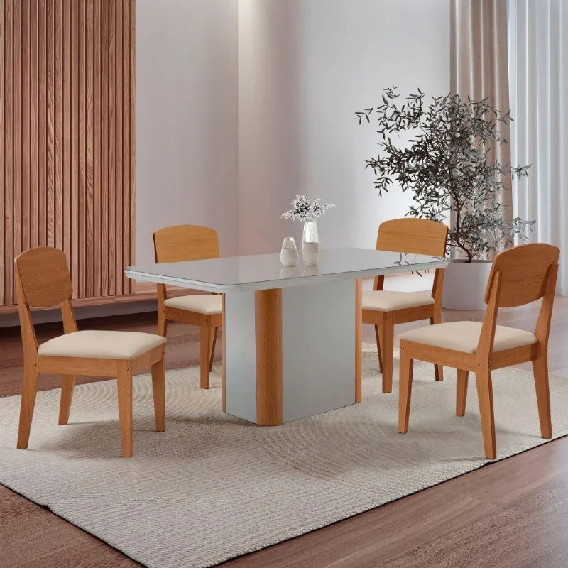 Mesa De Jantar Isadora 4 Cadeiras Veludo Creme Off White - Moderna