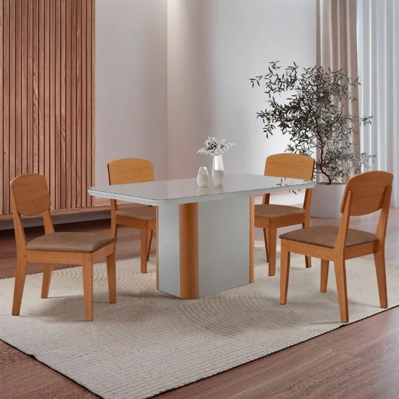 Mesa De Jantar Isadora 120cm Tampo Mdf Vidro - 4 Cadeiras - Moderna