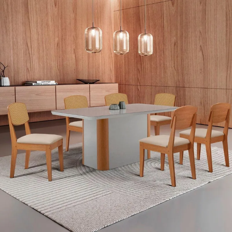 Mesa De Jantar Isadora 180cm Tampo Mdf Vidro Com 6 Cadeiras Veludo Creme/off/nat/serig. Off - Moderna