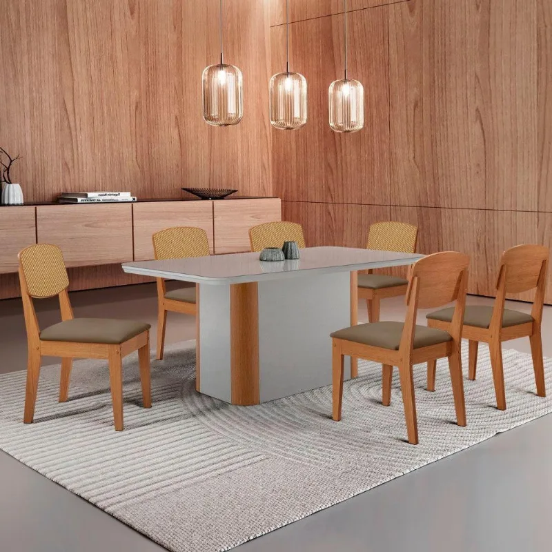Mesa De Jantar Isadora 180cm Tampo Mdf Vidro Com 6 Cadeiras Vel Capuccino /off /naturale /serig Off - Moderna