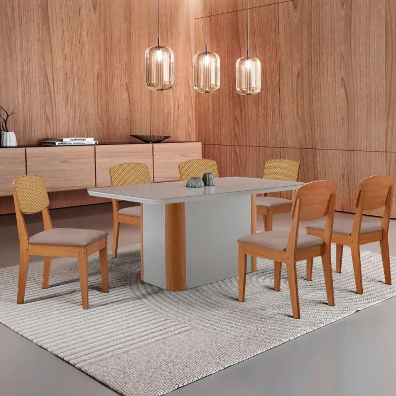 Mesa De Jantar Isadora 180cm Tampo Mdf Vidro Com 6 Cadeiras Lin Capuccino /off /naturale /serig Off - Moderna