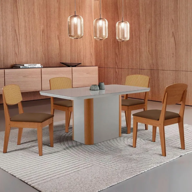 Mesa De Jantar Isadora 120cm Tampo Mdf Vidro Com 4 Cadeiras Veludo Marrom/off/nat/serig Off - Moderna