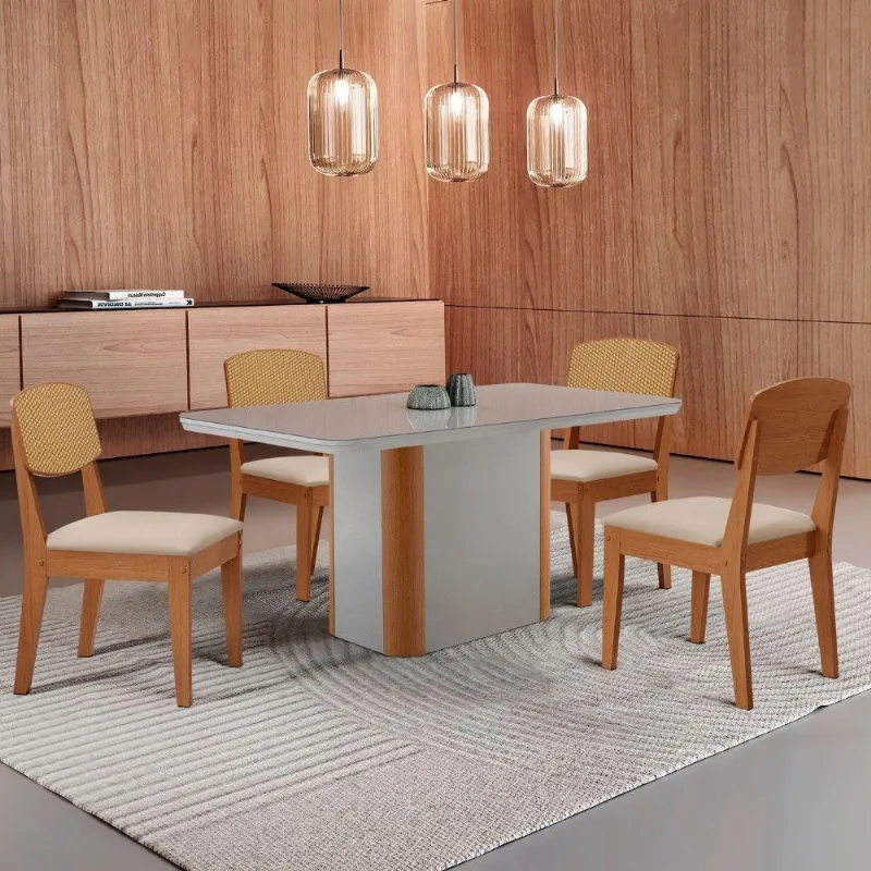 Mesa De Jantar Isadora 120cm Tampo Mdf Vidro Com 4 Cadeiras Veludo Creme/off/nat/serig. Off - Moderna