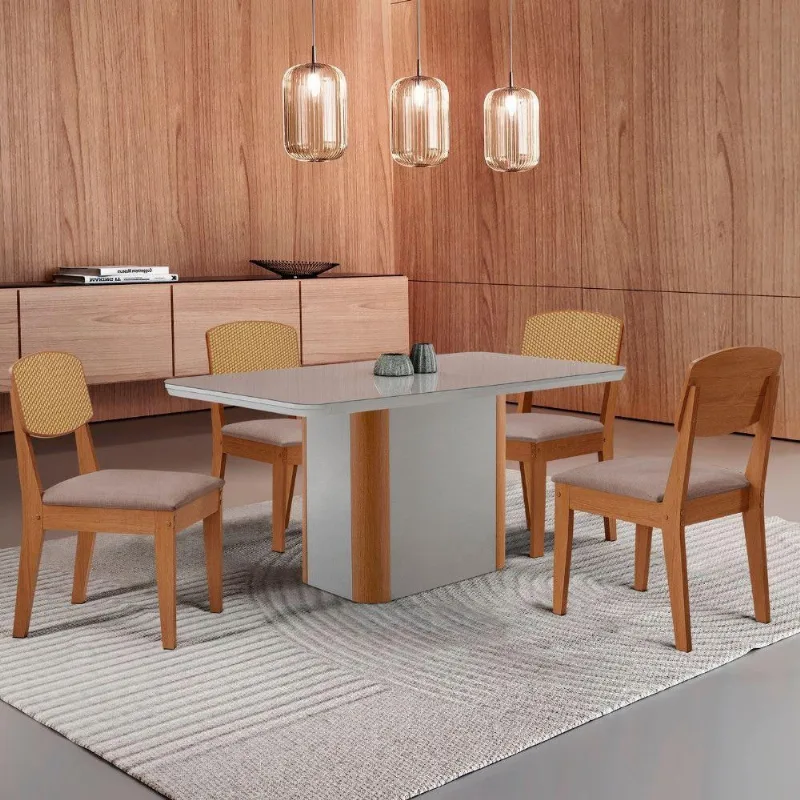 Mesa De Jantar Isadora 120cm Tampo Mdf Vidro Com 4 Cadeiras Lin Capuccino /off /naturale /serig Off - Moderna