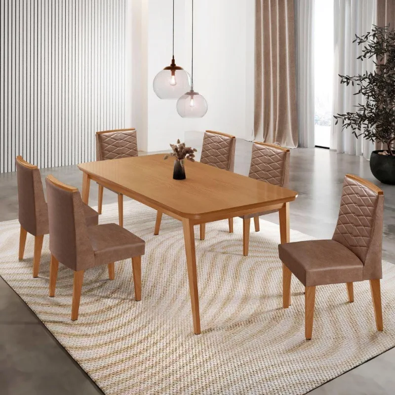 Mesa De Jantar Copper 180cm Tampo Mdf Com 6 Cadeiras Eloise Tork/naturale/naturale - Moderna