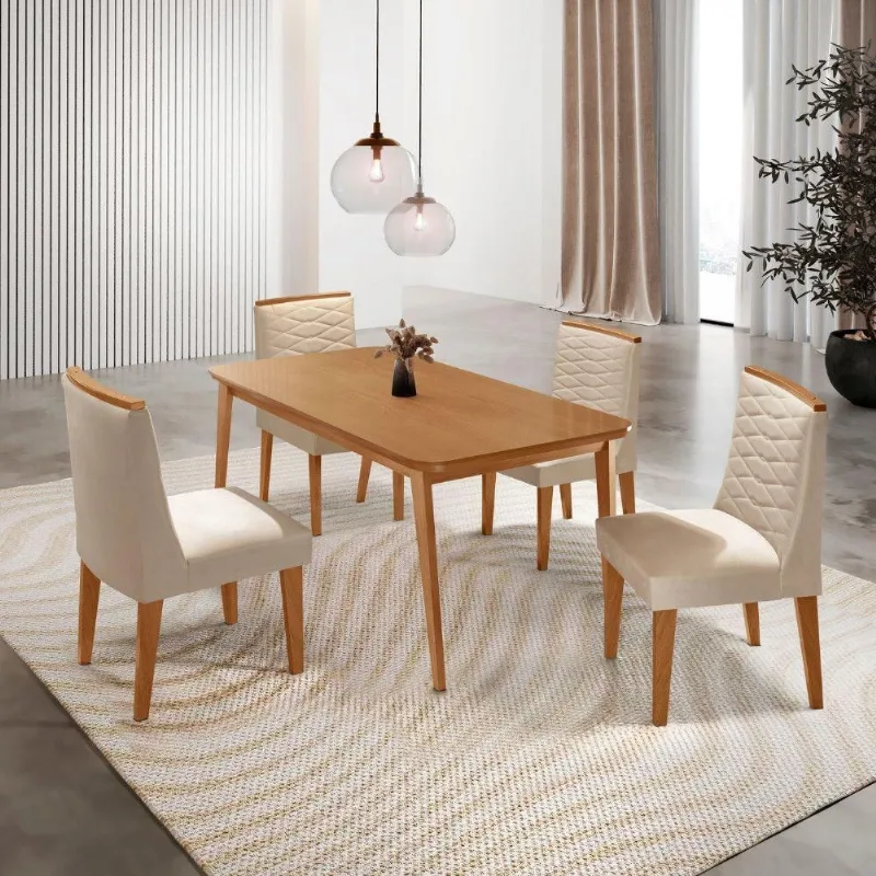 Mesa De Jantar Copper 120cm Tampo Mdf Com 4 Cadeiras Eloise Veludo Creme/naturalle/naturalle - Moderna