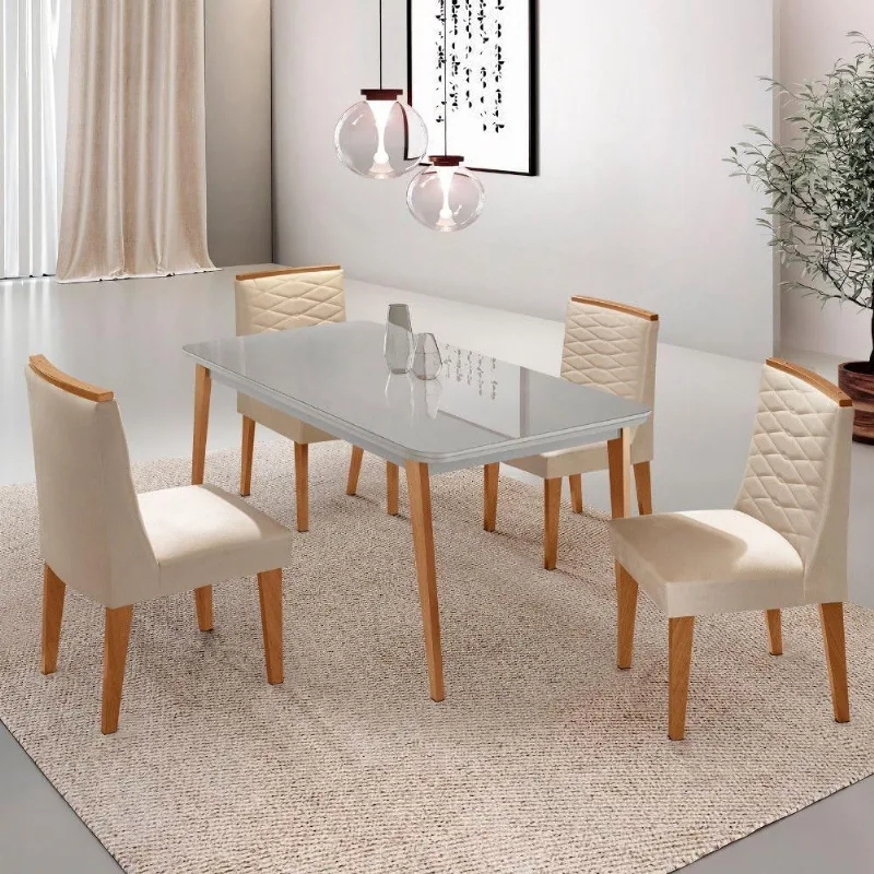 Mesa De Jantar Copper 120cm Tampo Mdf 4 Cadeiras Moderna Veludo Creme /off /naturale /serig Off - Moderna