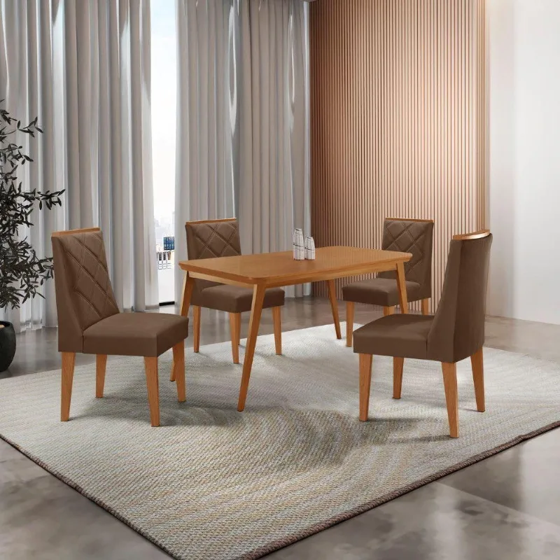 Mesa De Jantar Copper 120cm Tampo Mdf 4 Cadeiras Moderna Veludo Marrom/naturalle/naturalle - Moderna