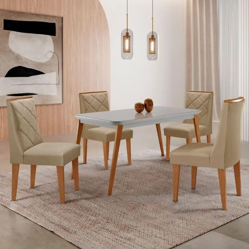 Mesa De Jantar Copper 120cm Mdf Vidro Com 4 Cadeiras Moderna Turim 07/off/naturale/serig. Off